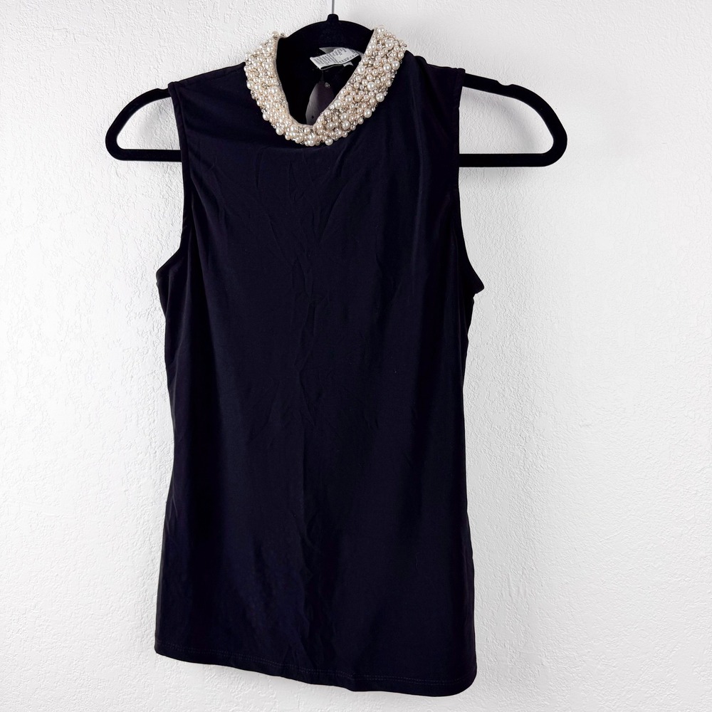 Joseph Ribkoff Black Sleeveless Top Faux Pearl Embellished Mock Neck Size 8 - Picture 1 of 5